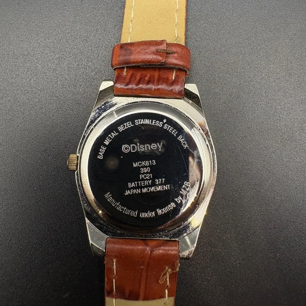 Disney Mikey Mouse Two Tone Vintage Quartz Watch Brown Leather Strap New Battery